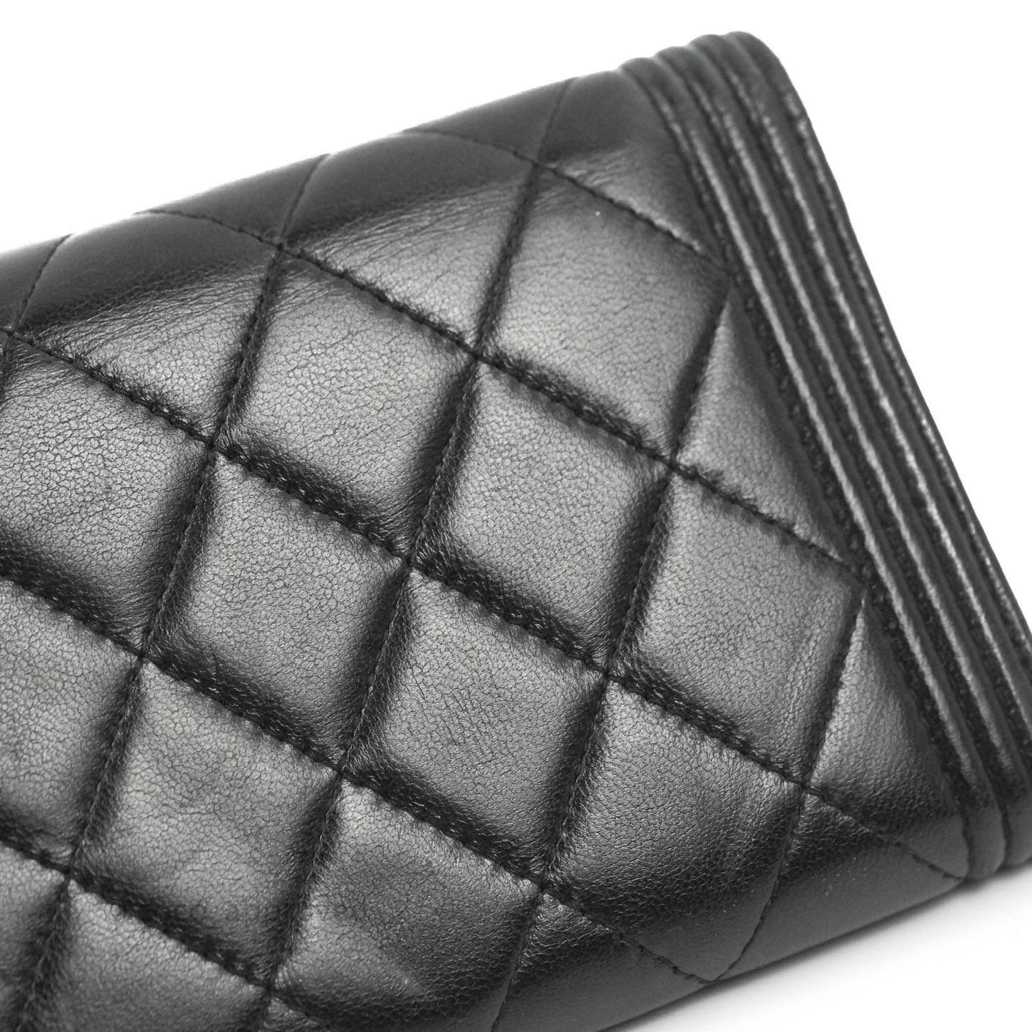 Chanel Quilted Boy Flap Long Wallet Black Lambskin Ruthentium Hardware