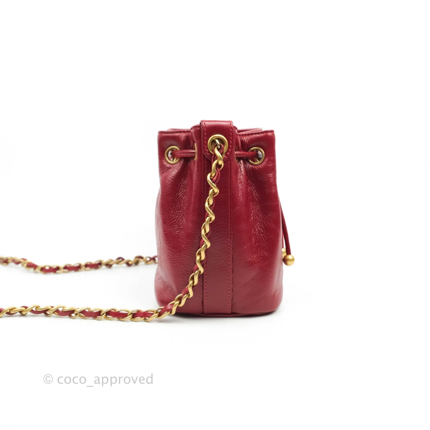 Chanel Shiny Aged Calfskin CC Chain Mini Drawstring Bag Red