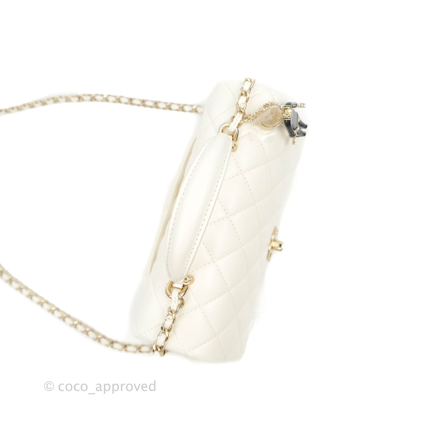 Chanel Top Handle Mini Rectangular Flap Bag with Charm White Lambskin Gold Hardware