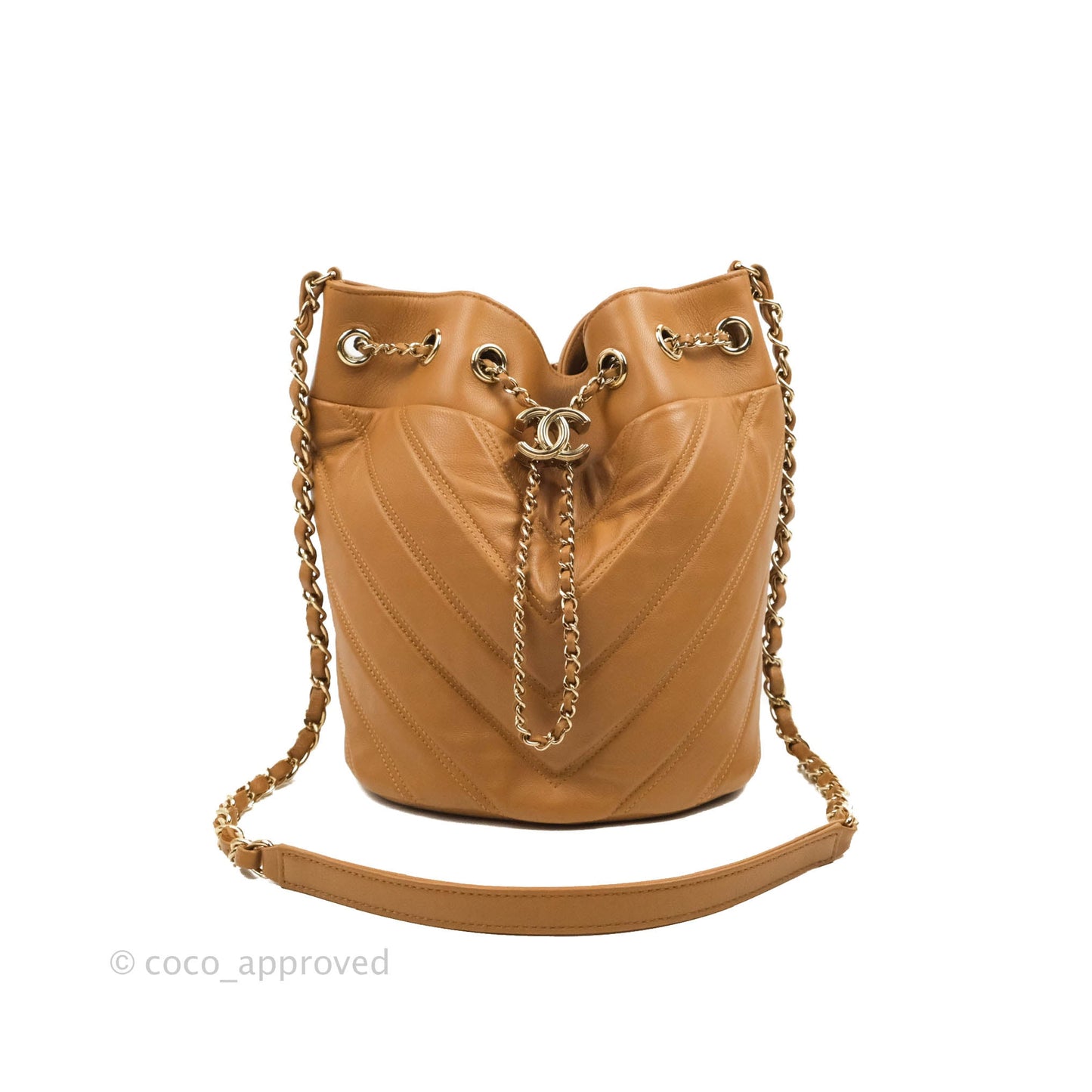 Chanel Chevron Bucket Drawstring Bag Caramel Gold Hardware