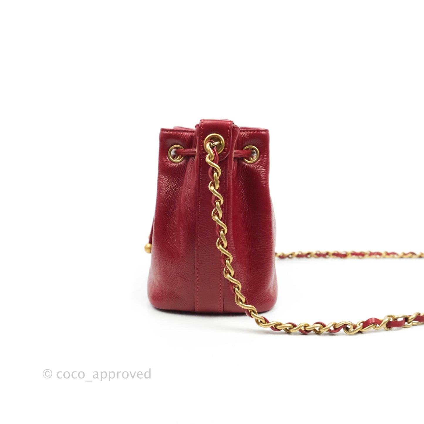 Chanel Shiny Aged Calfskin CC Chain Mini Drawstring Bag Red
