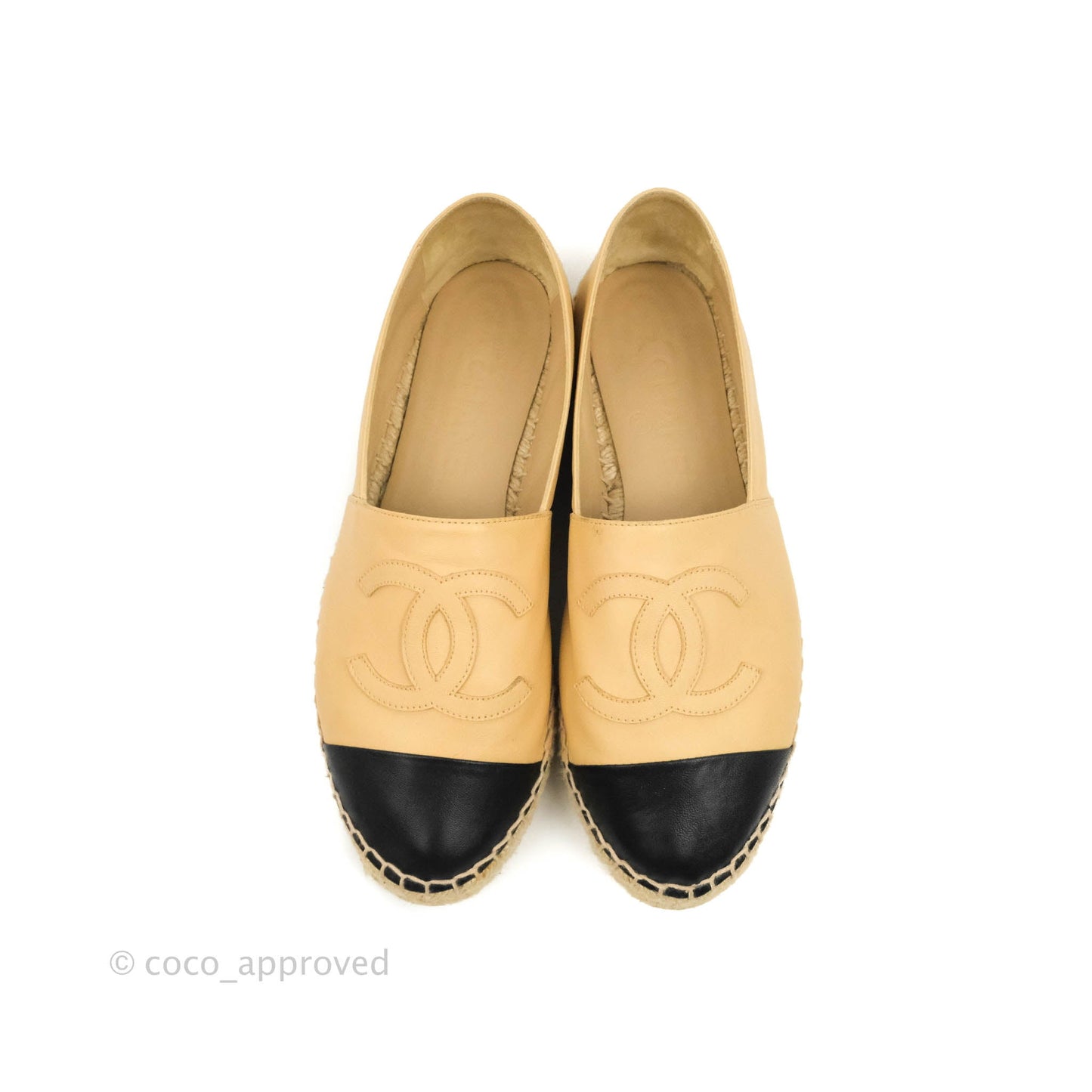 Chanel Espadrille Beige Black Leather Size 37