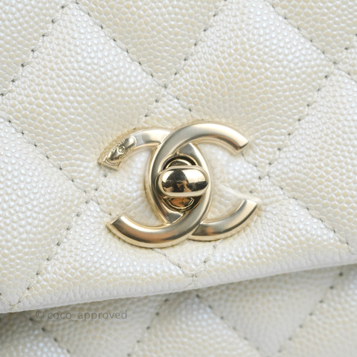 Chanel Mini Coco Handle Quilted Iridescent Pearl White Caviar Gold Hardware