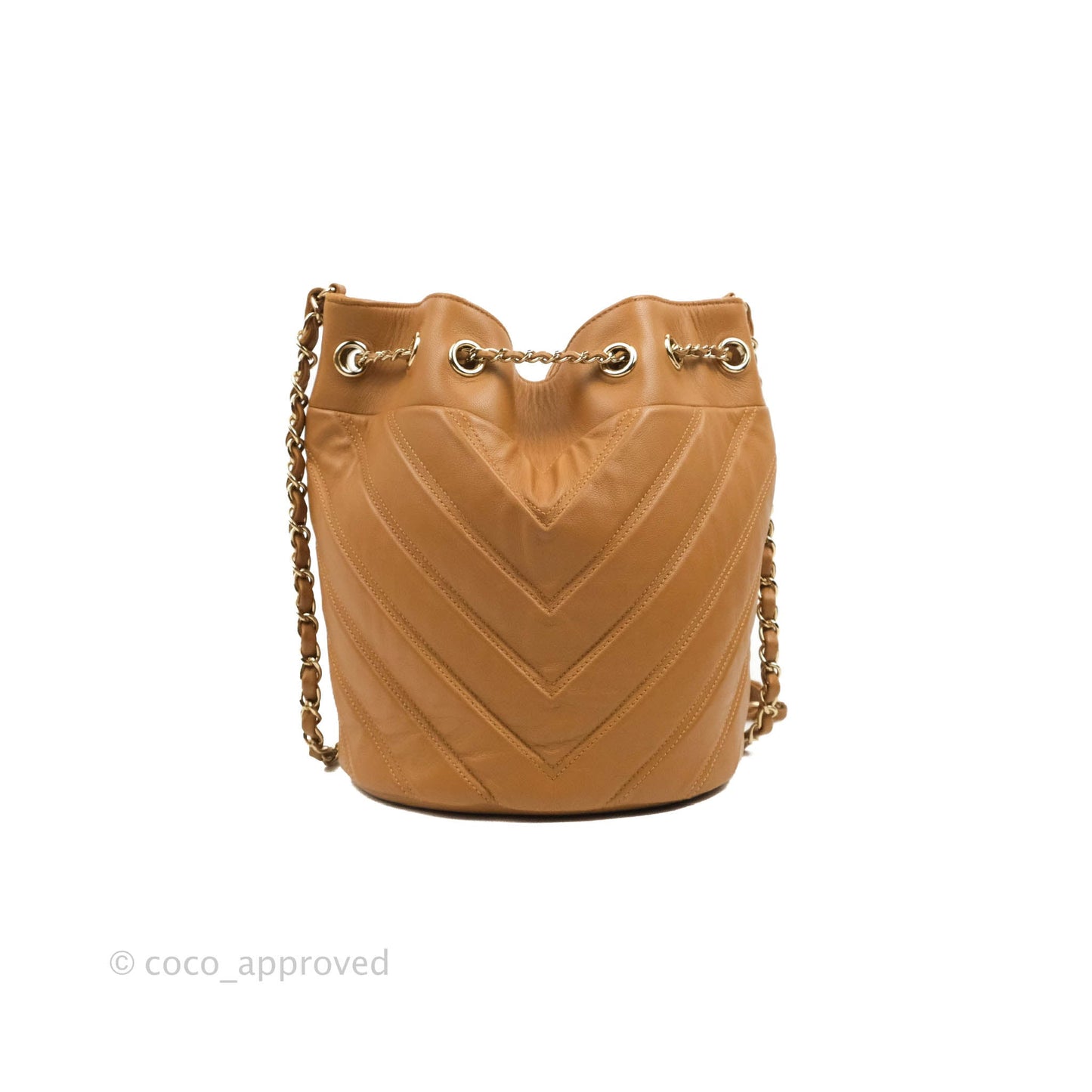 Chanel Chevron Bucket Drawstring Bag Caramel Gold Hardware