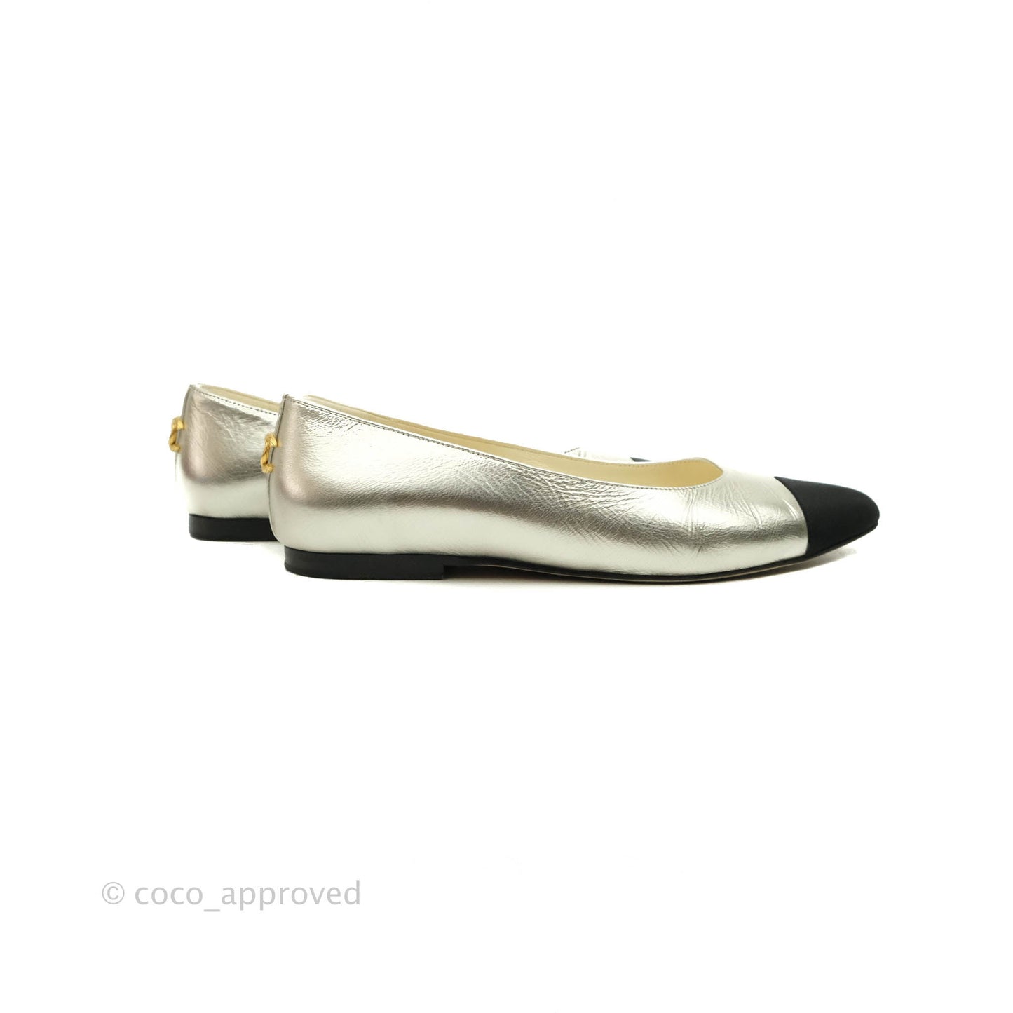 Chanel Silver Black Toe Pointed Pump Flats Size 36