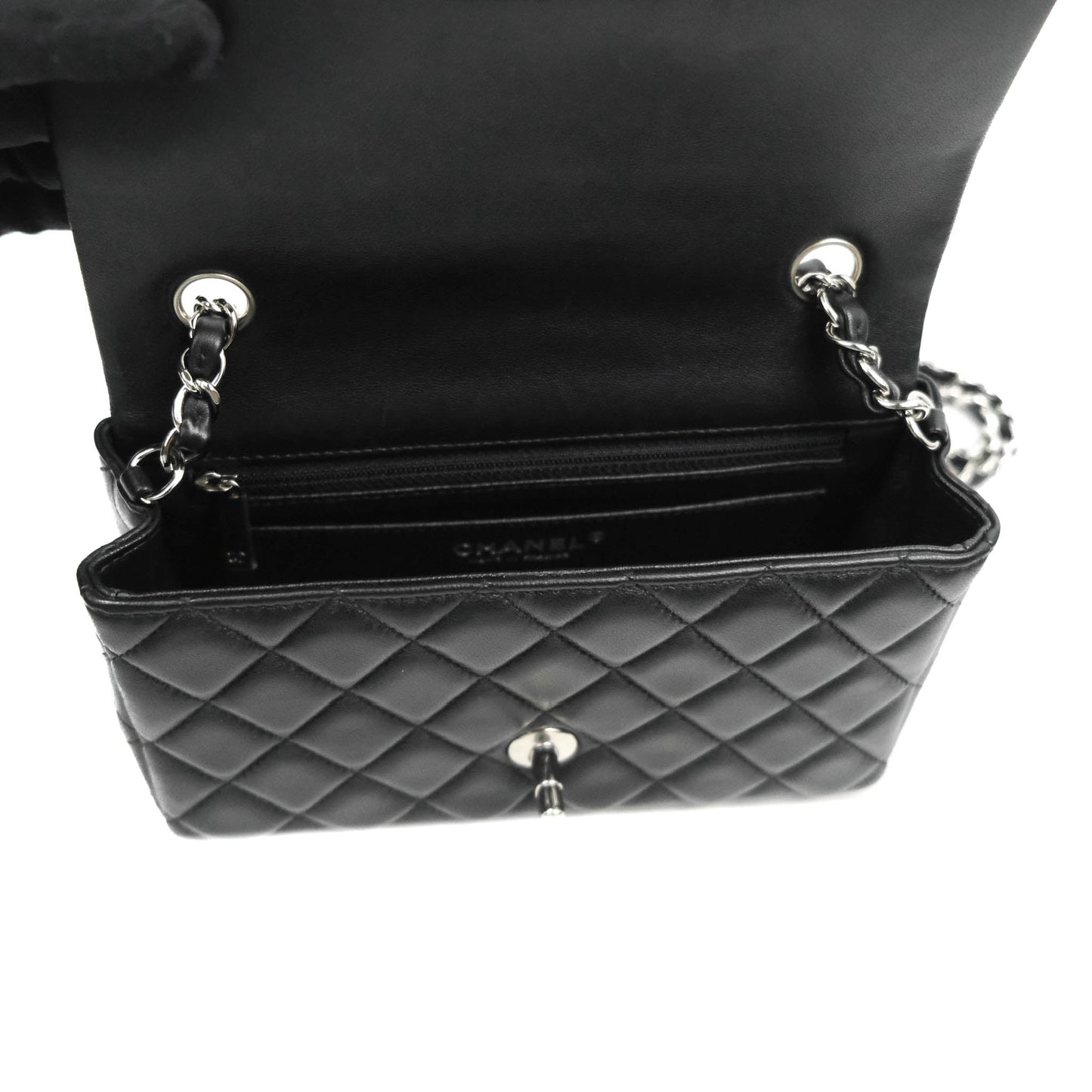 Chanel Quilted Mini Rectangular Flap Black Lambskin Silver Hardware