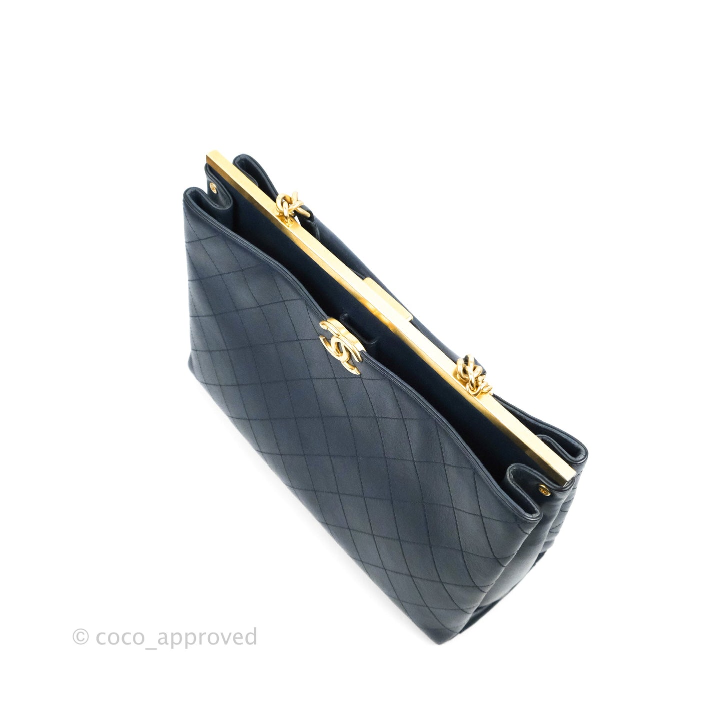Chanel Flat Quilted Coco Luxe Large Shopping Bag Navy Aged Gold Hardware 18P