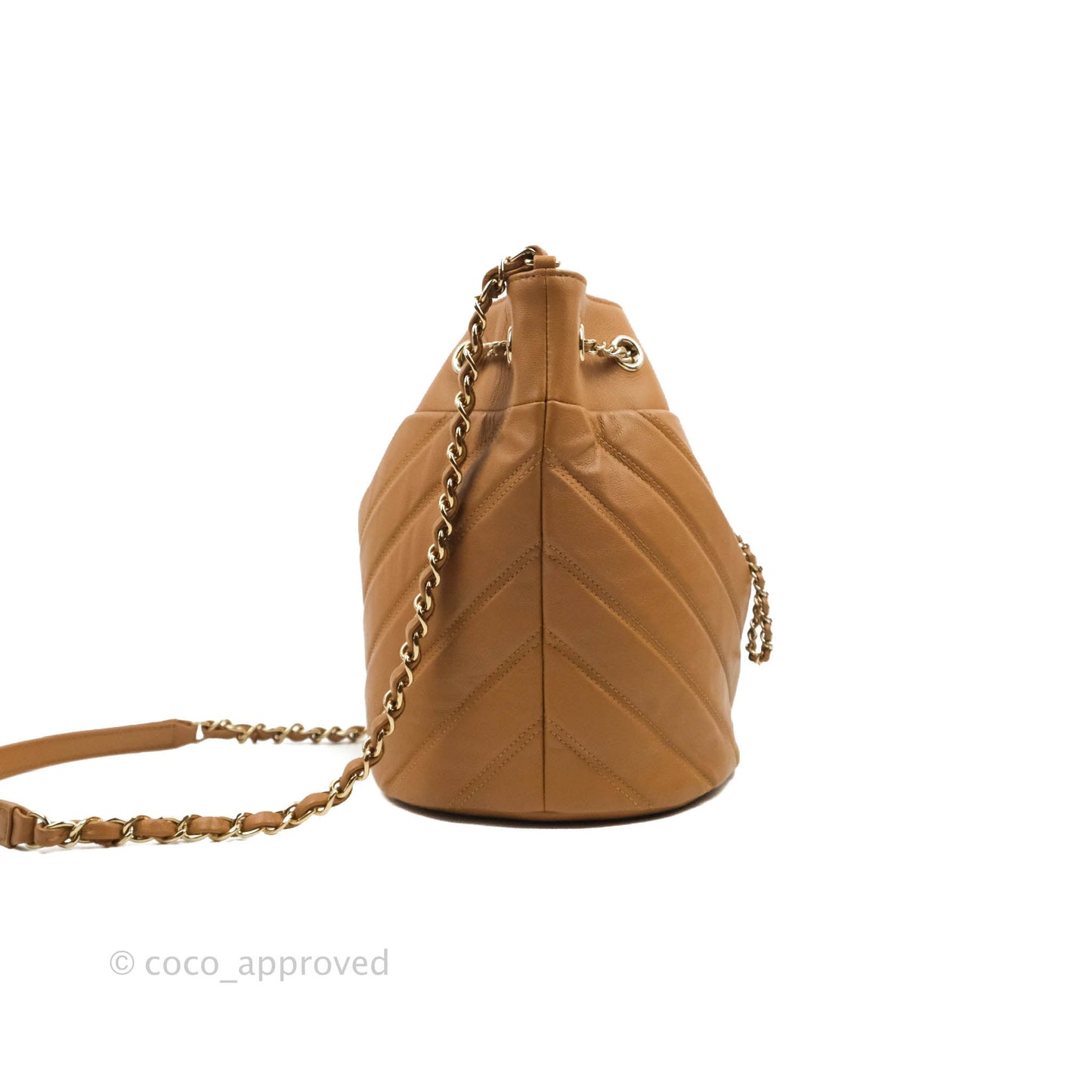 Chanel Chevron Bucket Drawstring Bag Caramel Gold Hardware