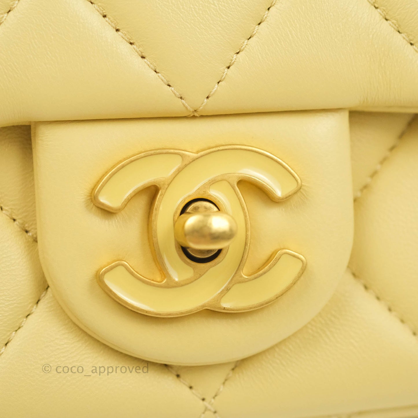 Chanel Enamel Quilted Pending CC Mini Square Flap Yellow Lambskin Aged Gold Hardware 22P