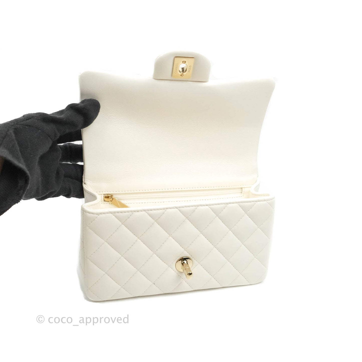 Chanel Top Handle Mini Rectangular Flap Bag with Charm White Lambskin Gold Hardware