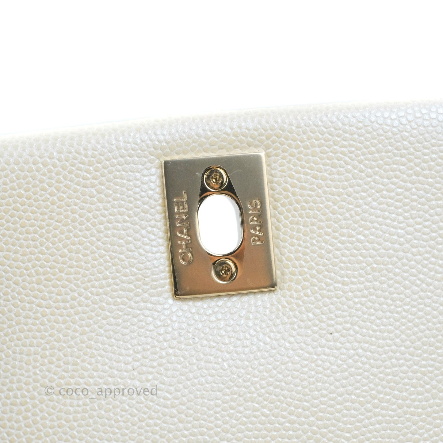Chanel Mini Coco Handle Quilted Iridescent Pearl White Caviar Gold Hardware