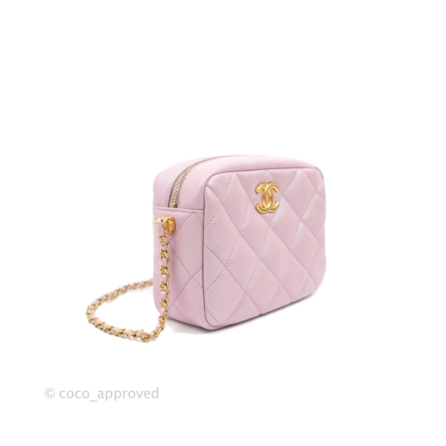 Chanel Quilted My Perfect Camera Case Iridescent Pink Caviar Aged Gold Hardware