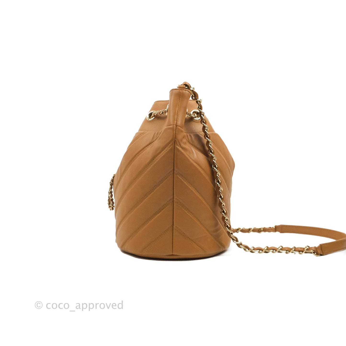 Chanel Chevron Bucket Drawstring Bag Caramel Gold Hardware