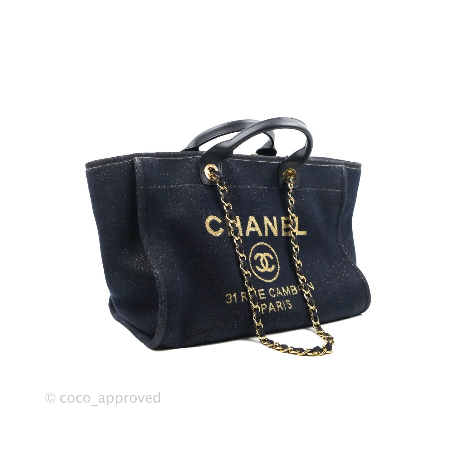 Chanel Canvas Large Deauville Tote Navy Glittery Gold Logo 19B