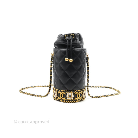 Chanel Quilted Drawstring Pearl Flower Bucket Bag Black Lambskin Aged Gold Hardware