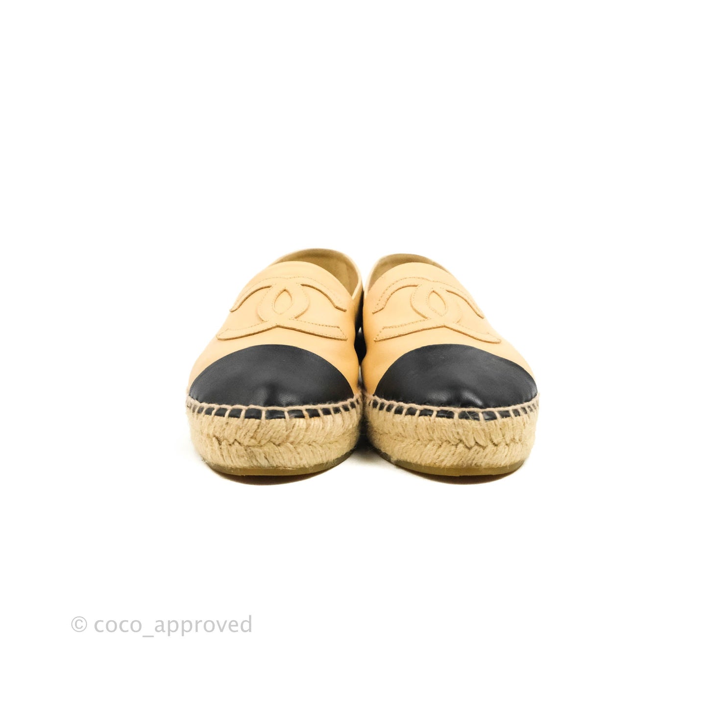 Chanel Espadrille Beige Black Leather Size 37