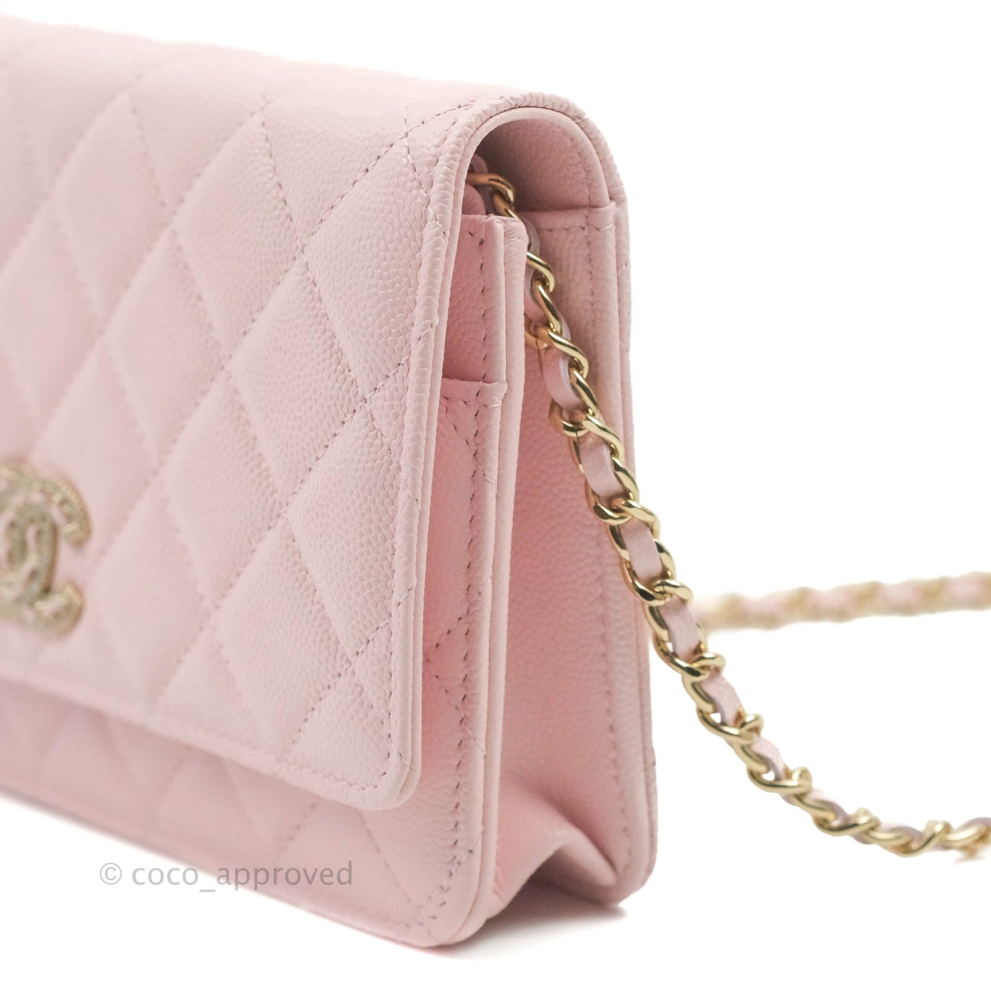 Chanel Quilted Wallet on Chain WOC Crystal Braided CC Light Pink Caviar Gold Hardware