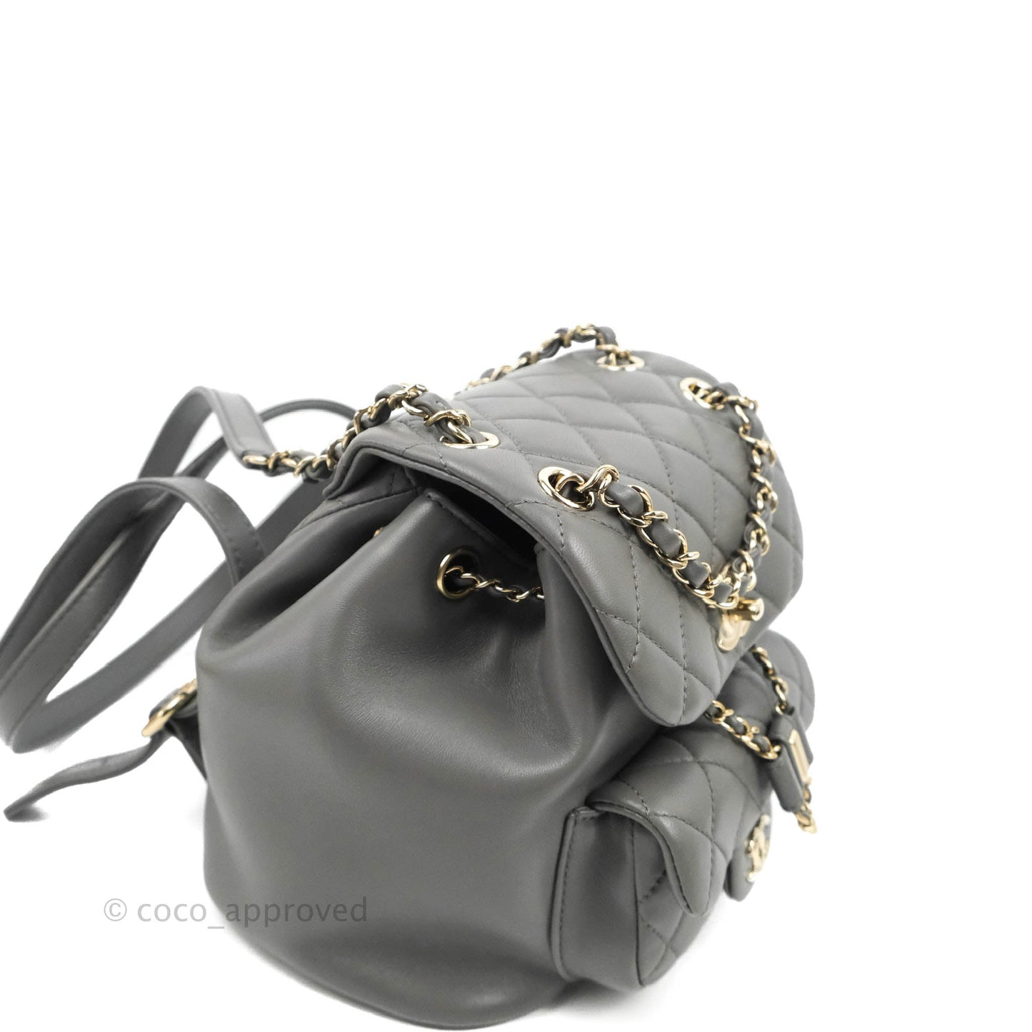Chanel Quilted Small Duma Drawstring Backpack Grey Lambskin Gold Hardware 22A