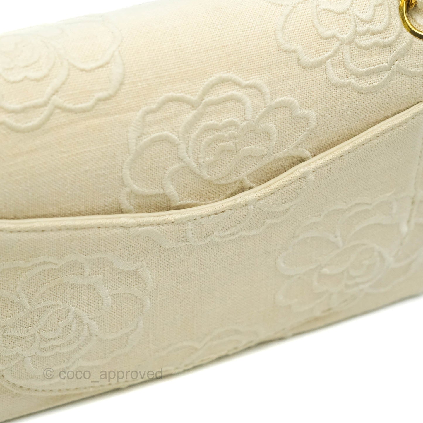 Chanel Small Flap Camellia Embroidered Ivory Beige Linen Canvas 24K Gold Hardware