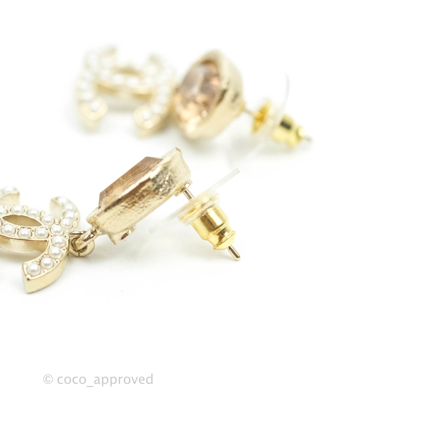 Chanel Champagne Resin Pearl CC Drop Earrings Gold Tone 21B