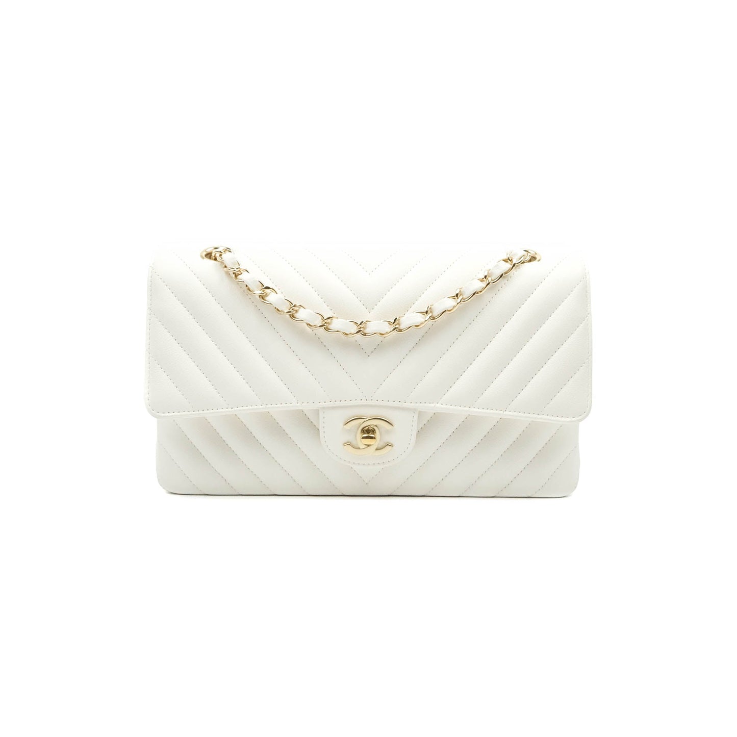 Chanel Chevron M/L Medium Double Flap White Caviar Gold Hardware