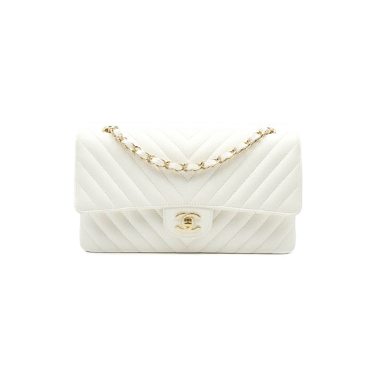 Chanel Chevron M/L Medium Double Flap White Caviar Gold Hardware