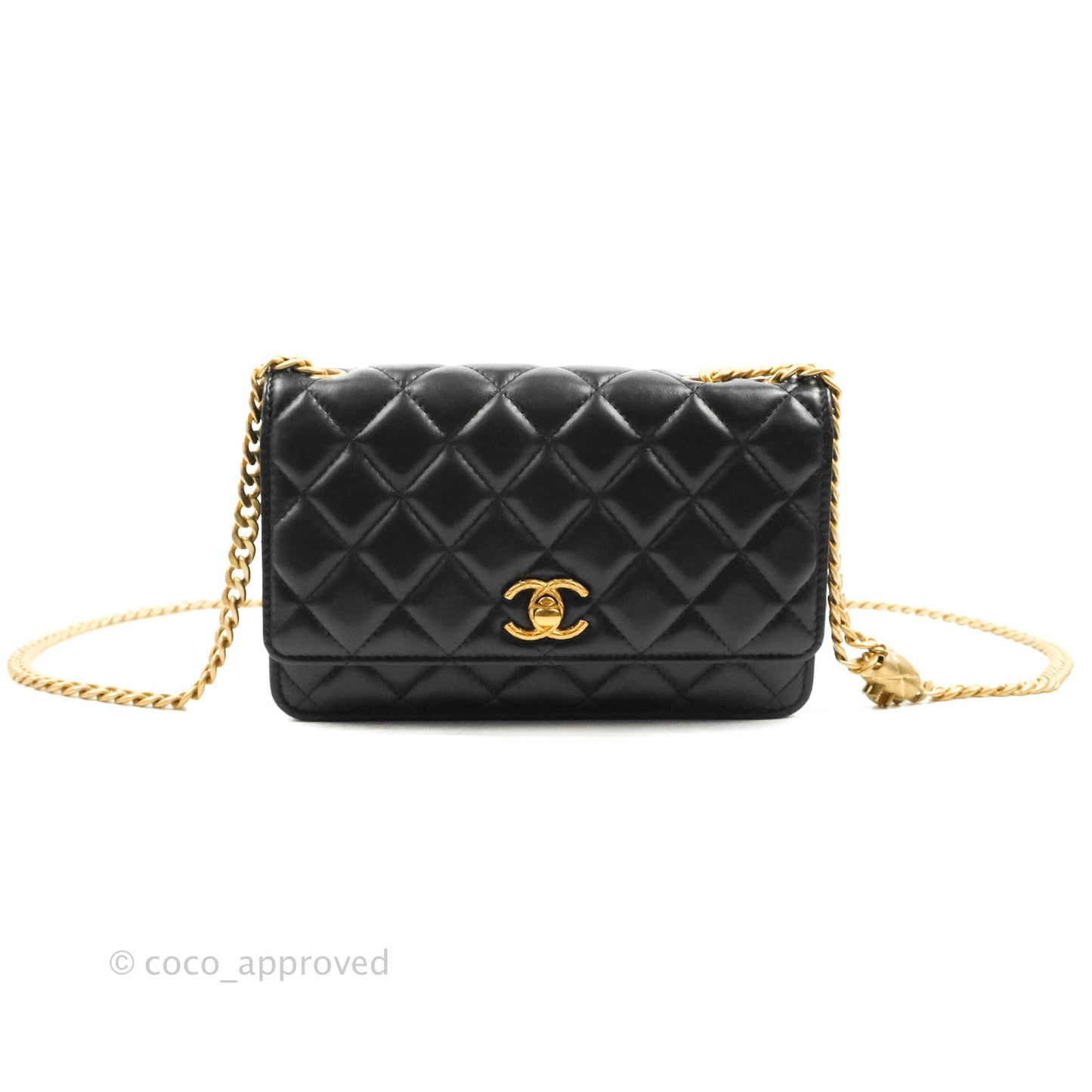 Chanel Quilted Wallet on Chain WOC Adjustable Chain Black Lambskin Aged Gold Hardware 22K
