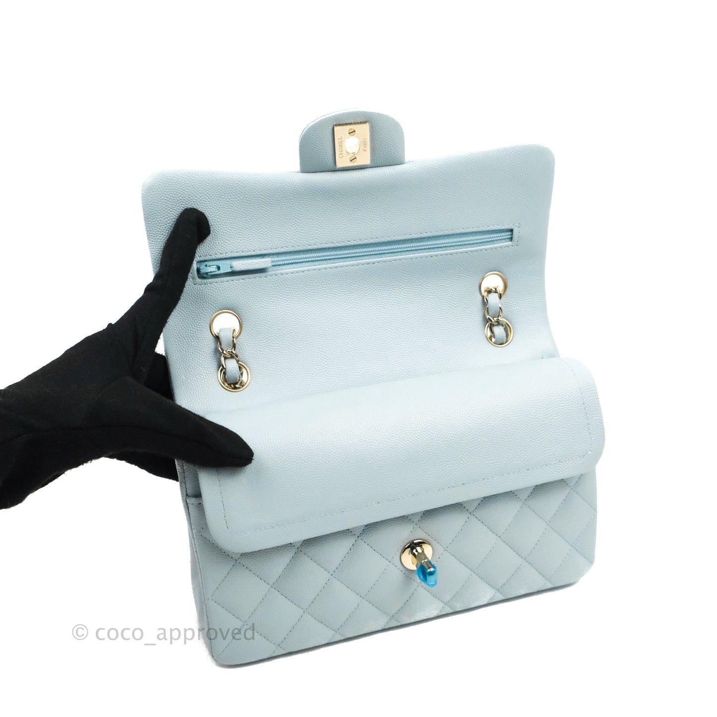 Chanel Small Classic Quilted Flap Light Blue Caviar Gold Hardware