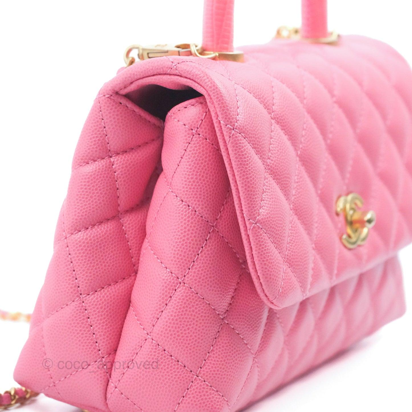 Chanel Small Coco Handle Quilted Pink Caviar Aged Gold Hardware Lizard Embossed Handle