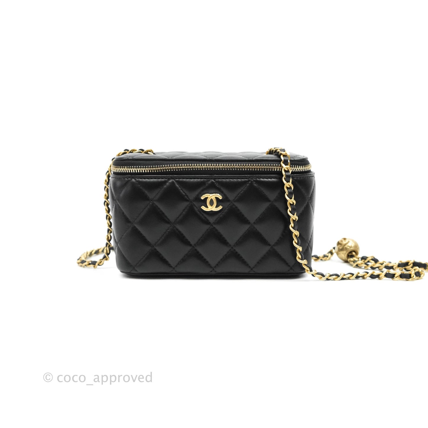 Chanel Vanity with Pearl Crush Chain in Black Lambskin Aged Gold Hardware