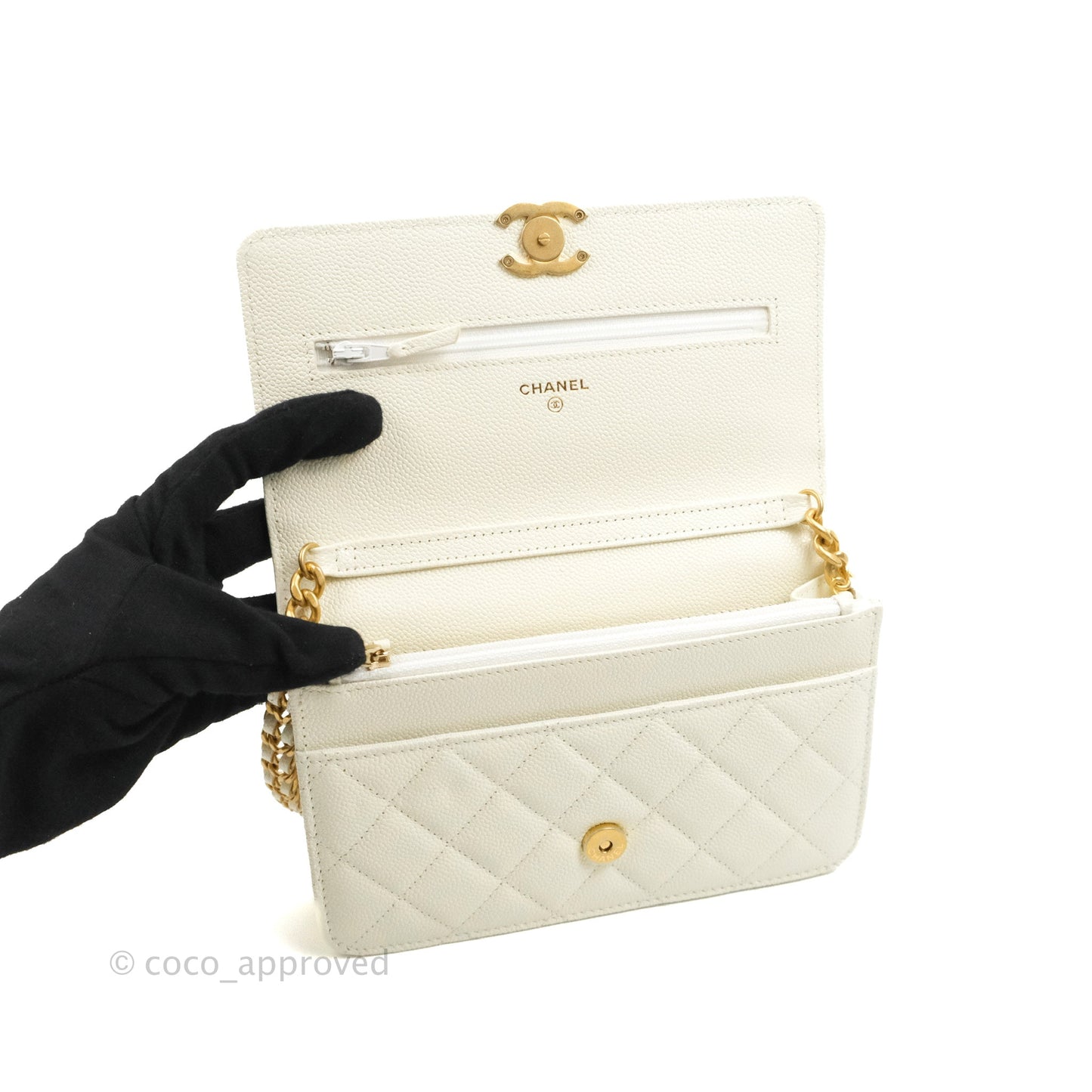 Chanel Quilted Wallet On Chain WOC Melody Ivory White Caviar Gold Hardware