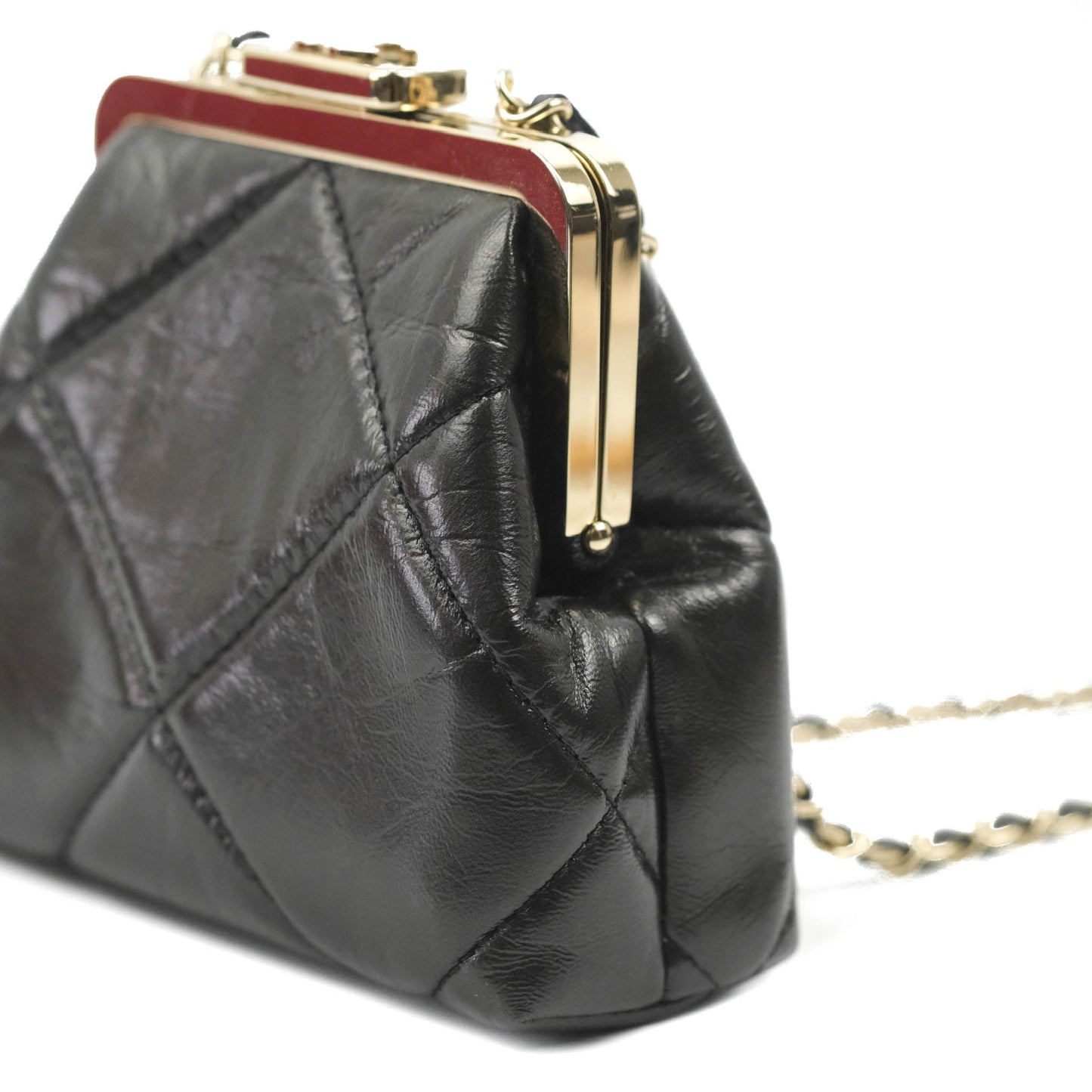 Chanel Kisslock Clutch with Chain Black Shiny Aged Lambskin Gold Hardware
