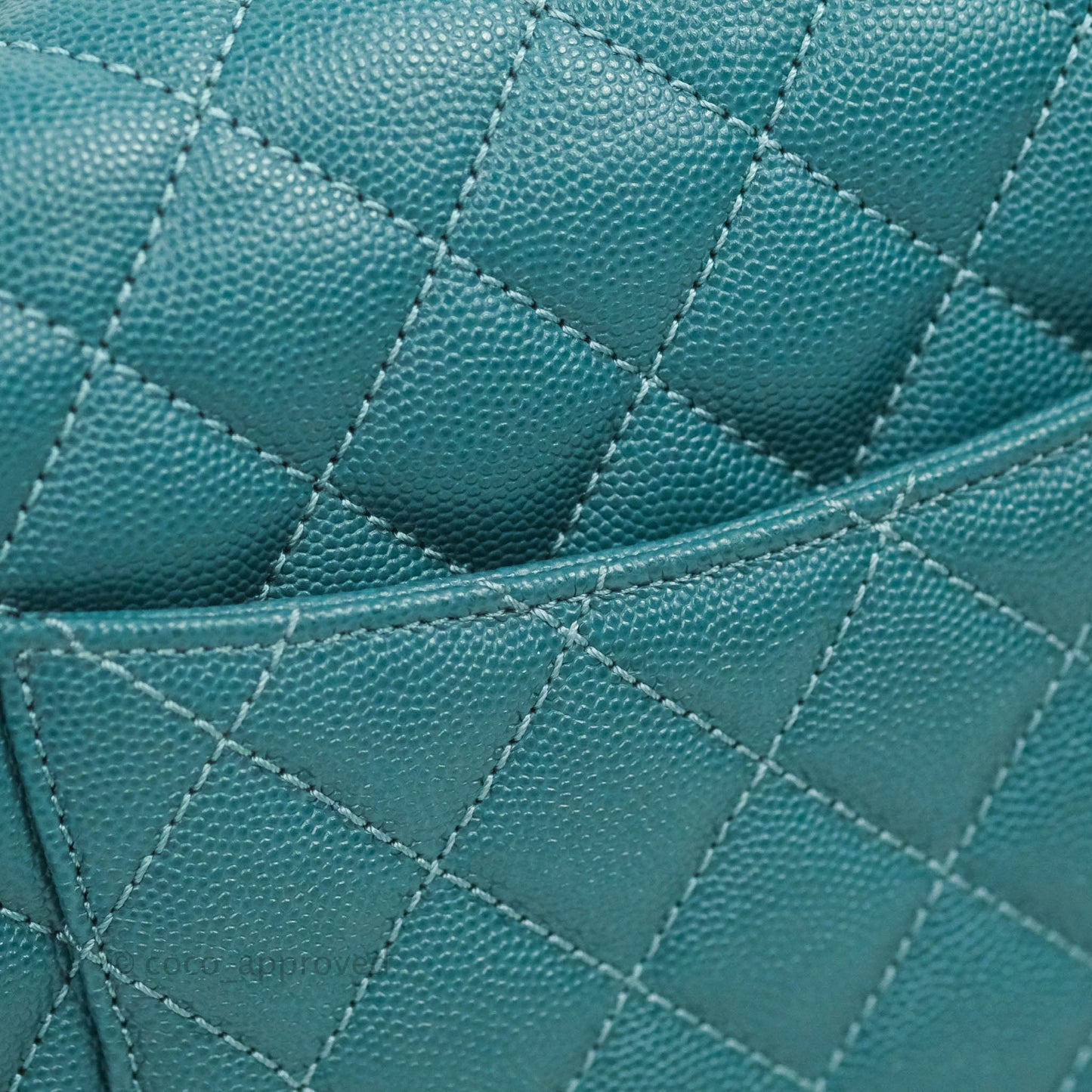 Chanel Medium Coco Handle Quilted Teal Caviar Lizard Handle Aged Gold Hardware