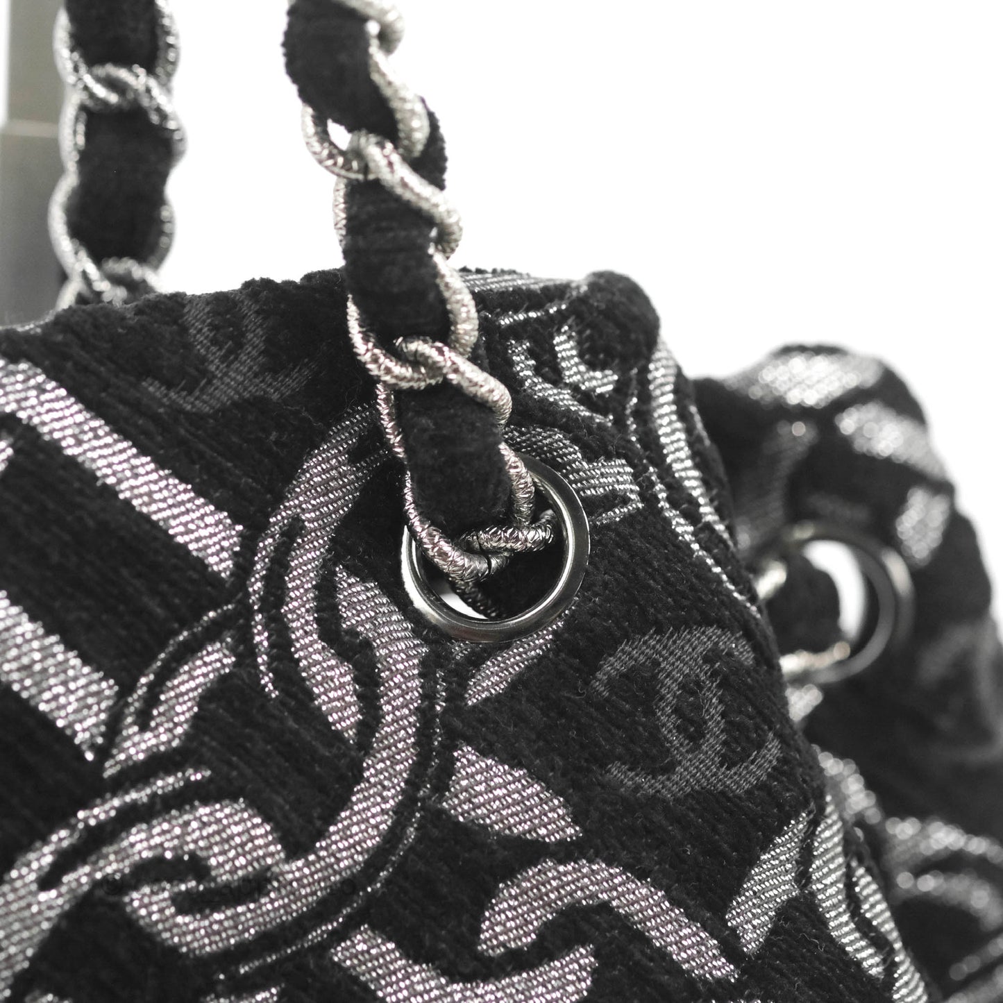 Chanel CC Chain Print Tote Bag Black/Silver Fabric Gun Metal