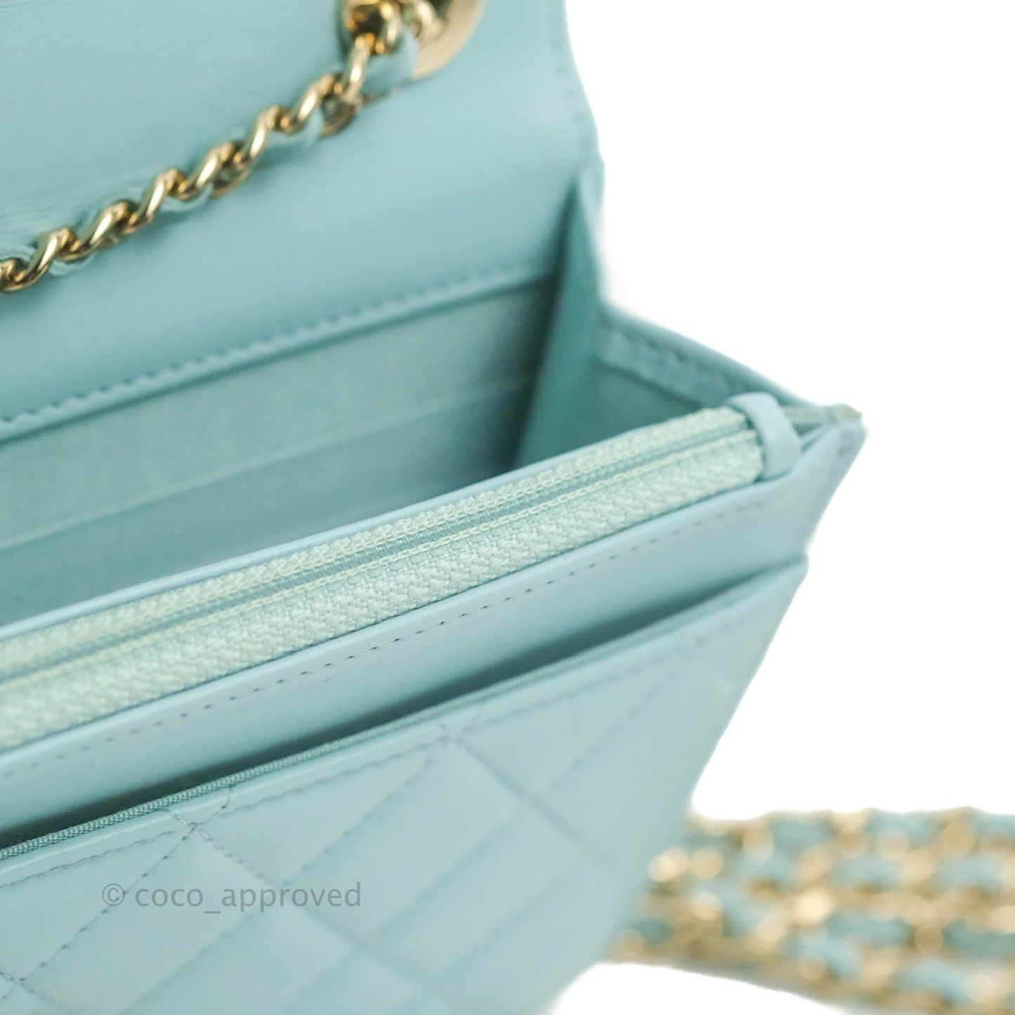 Chanel Trendy CC Quilted Wallet on Chain WOC Tiffany Blue Lambskin Gold Hardware