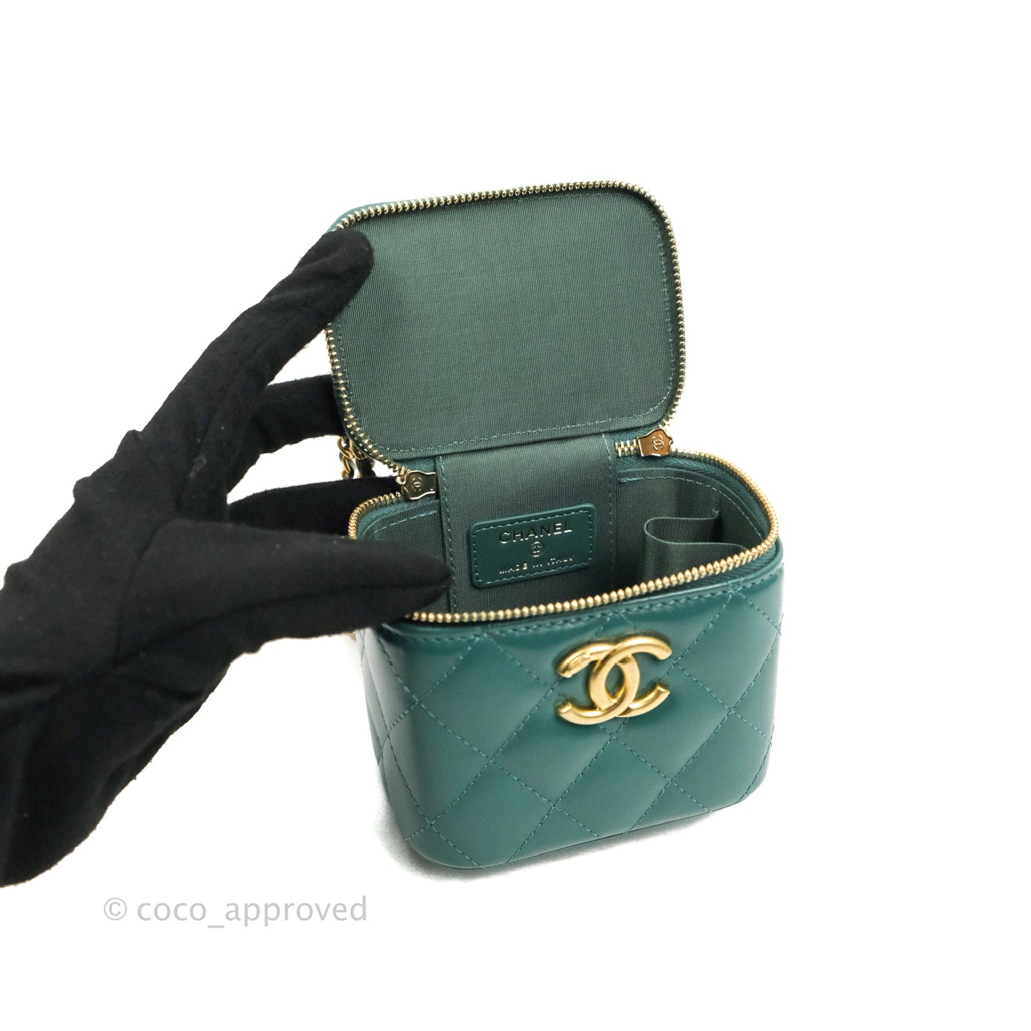 Chanel Quilted Mini Perfect Fit Vanity With Chain Calfskin Pine Green Aged Gold Hardware