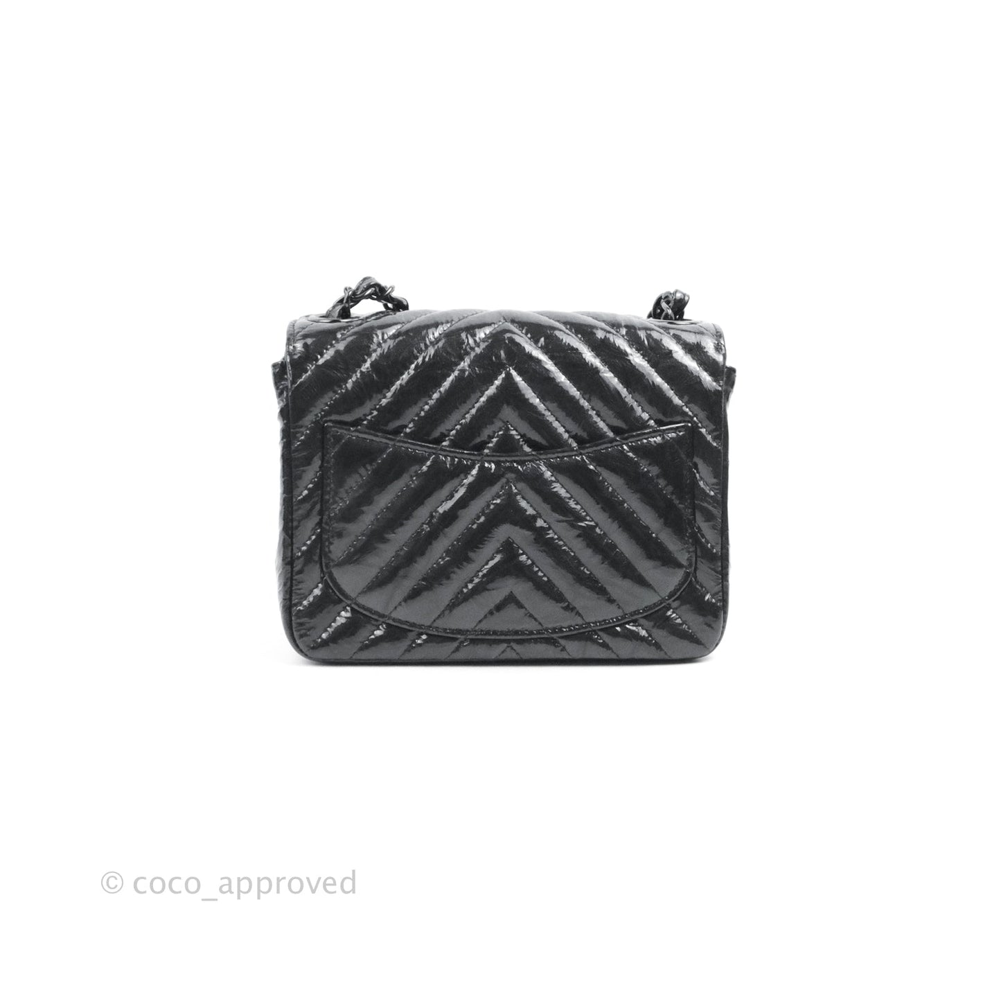 Chanel Mini Square Chevron Flap Black Crumpled Metallic Patent So Black