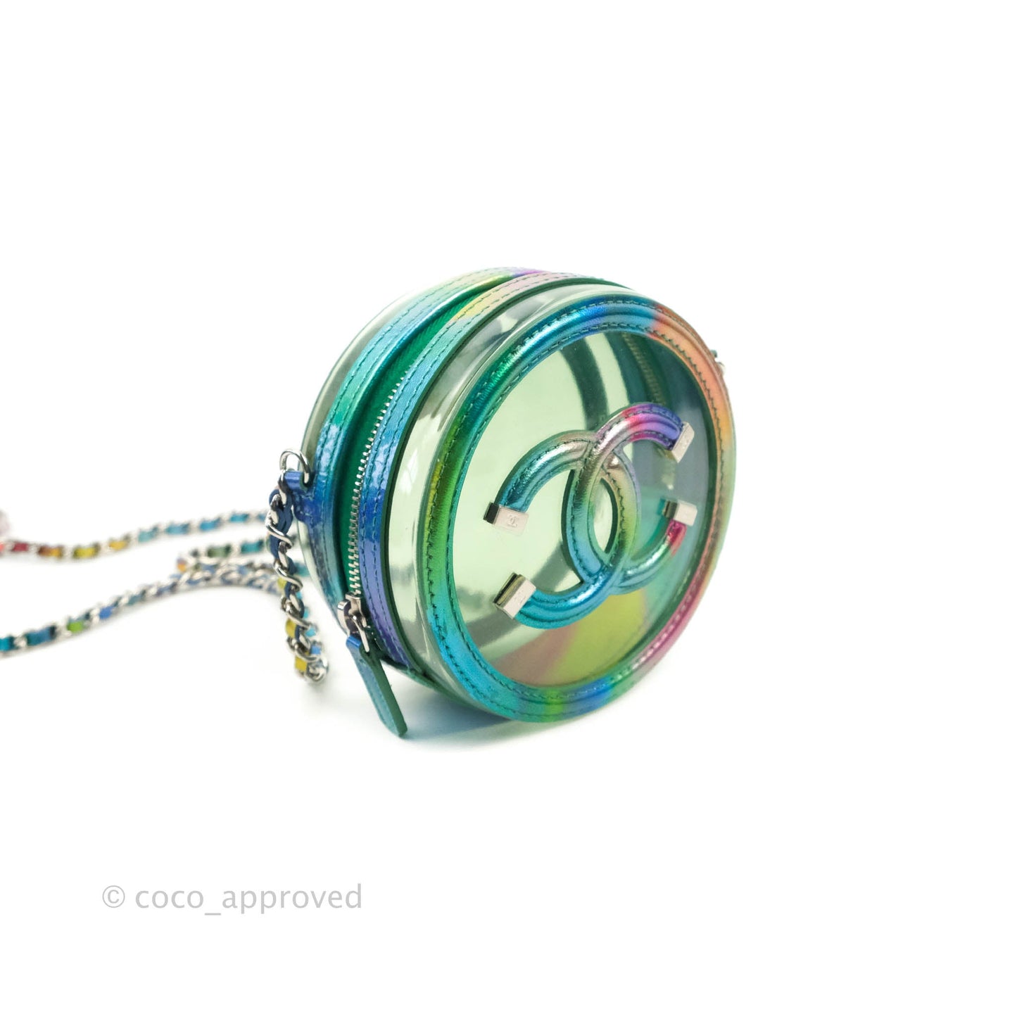 Chanel Filigree Rainbow Green PVC Round Clutch With Chain Silver Hardware 20C