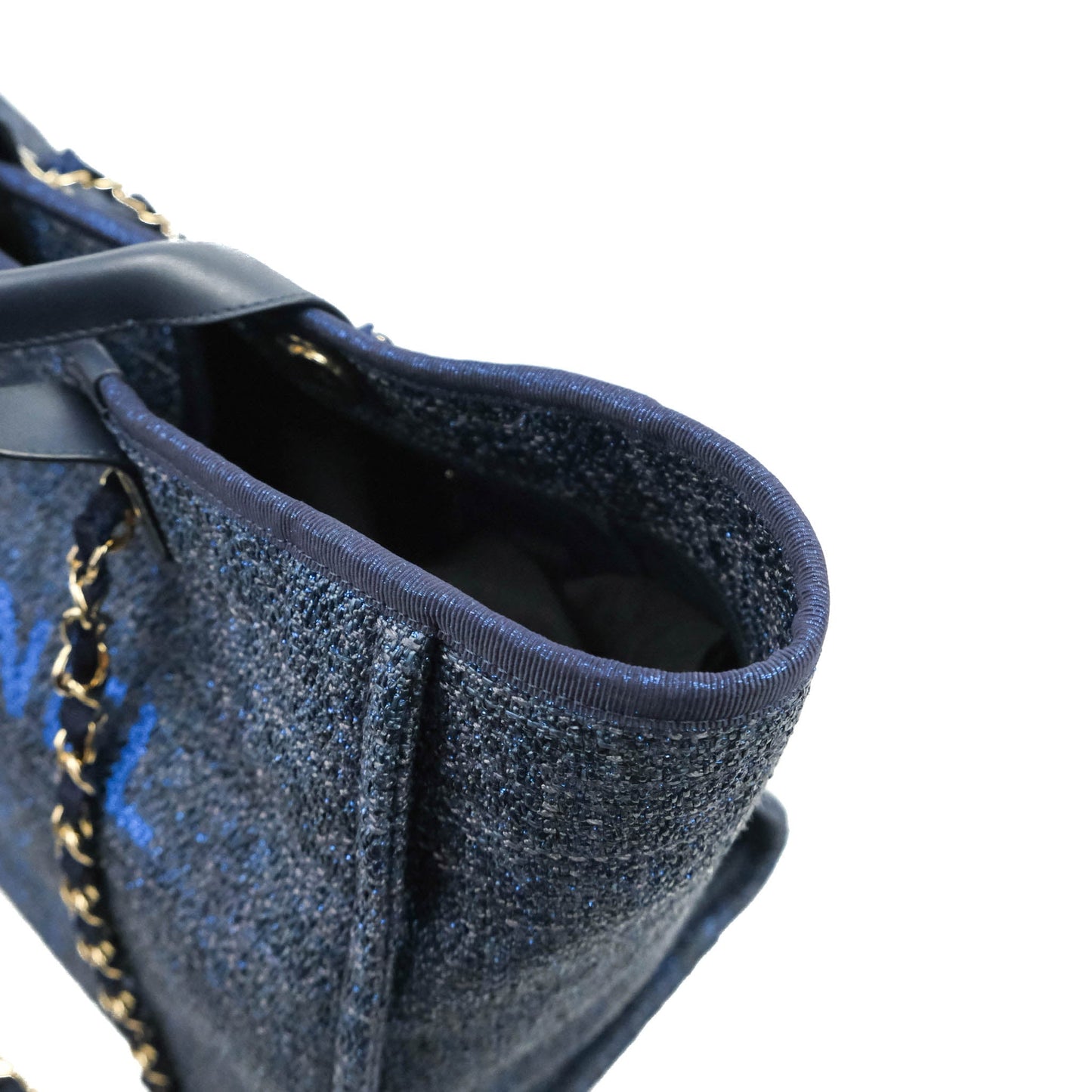 Chanel Large Deauville Navy Blue Glitter Canvas Gold Hardware