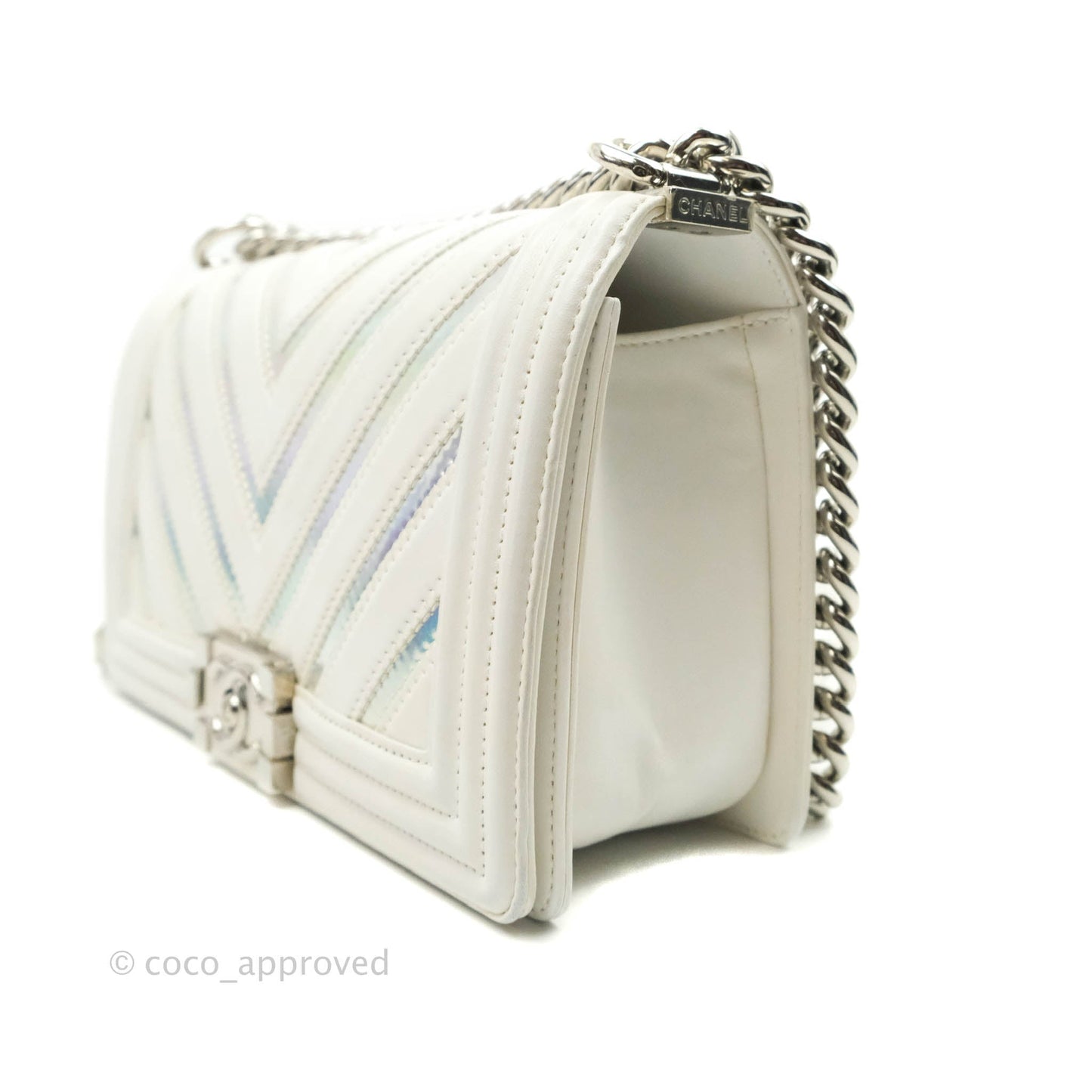 Chanel Quilted Medium Boy Flap Iridescent Chevron White Lambskin Silver Hardware