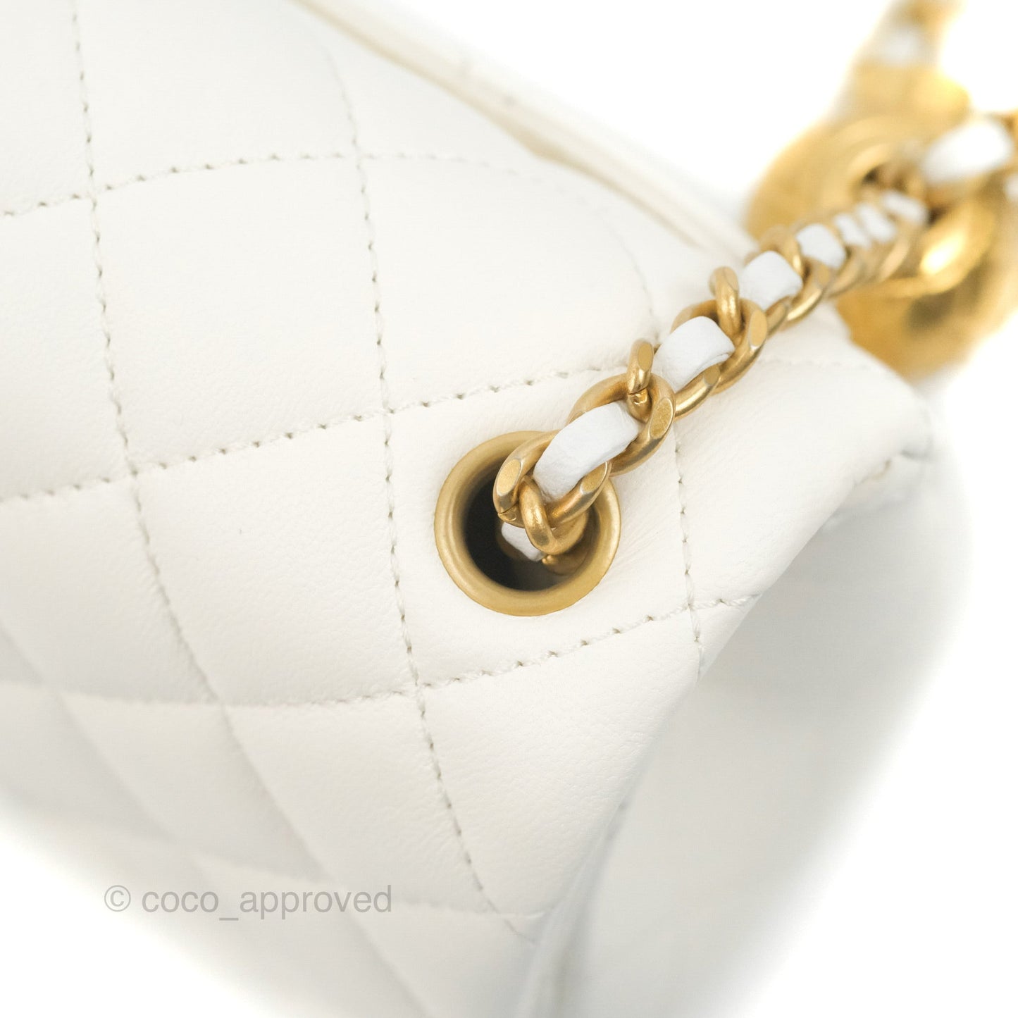 Chanel Mini Square Pearl Crush Quilted White Lambskin Aged Gold Hardware