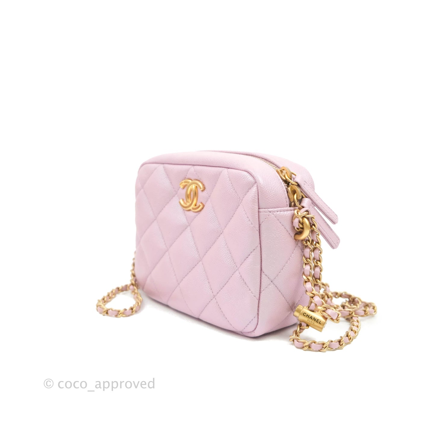 Chanel Quilted My Perfect Camera Case Iridescent Pink Caviar Aged Gold Hardware