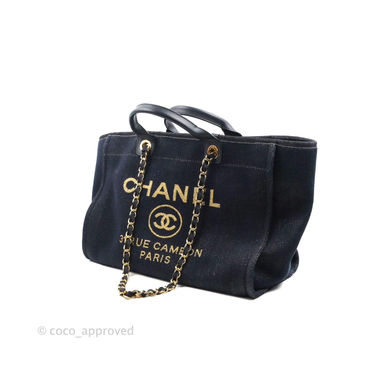 Chanel Canvas Large Deauville Tote Navy Glittery Gold Logo 19B