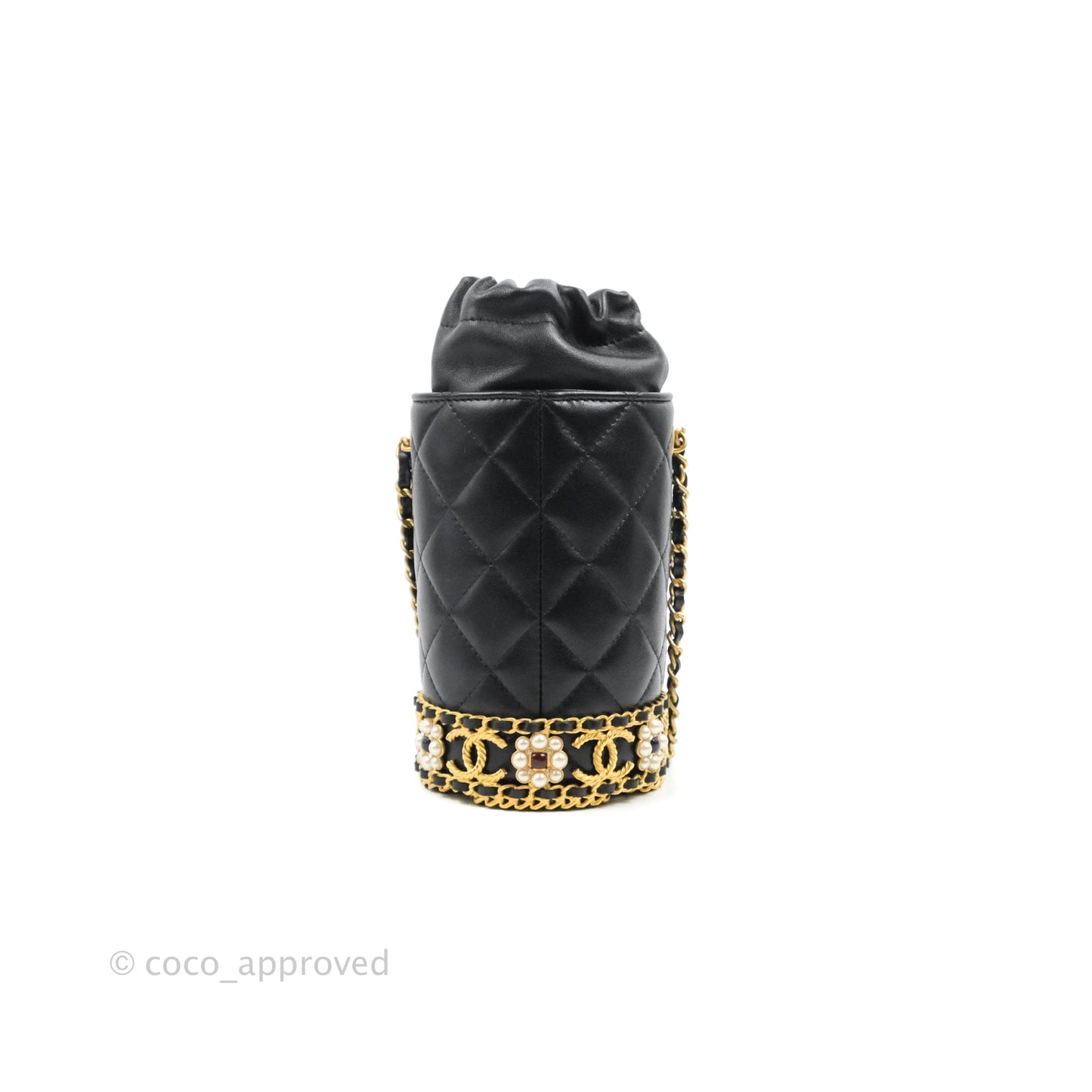 Chanel Quilted Drawstring Pearl Flower Bucket Bag Black Lambskin Aged Gold Hardware