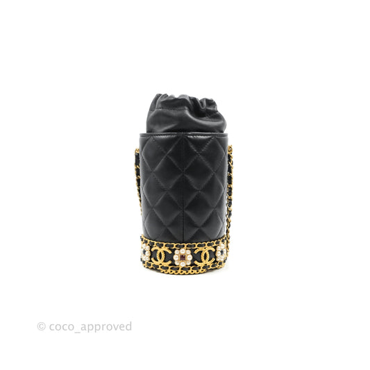 Chanel Quilted Drawstring Pearl Flower Bucket Bag Black Lambskin Aged Gold Hardware
