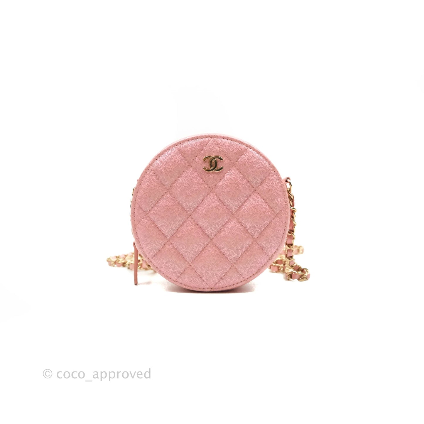 Chanel Classic Quilted Round Clutch With Chain Iridescent Pink Caviar Gold Hardware 19S