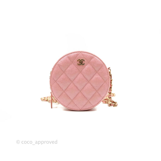 Chanel Classic Quilted Round Clutch With Chain Iridescent Pink Caviar Gold Hardware 19S