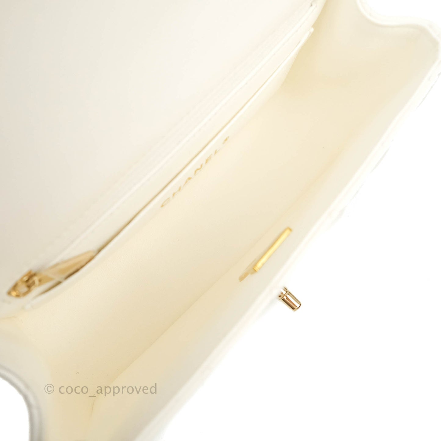 Chanel Top Handle Mini Rectangular Flap Bag with Charm White Lambskin Gold Hardware