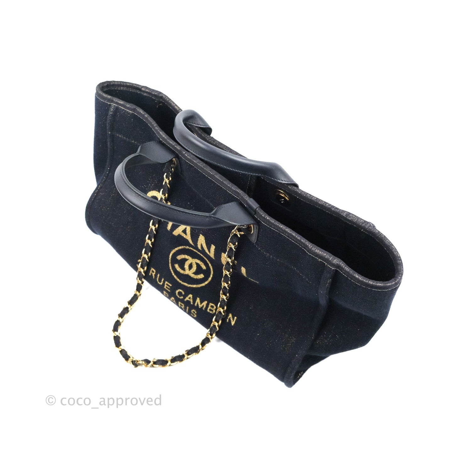 Chanel Canvas Large Deauville Tote Navy Glittery Gold Logo 19B