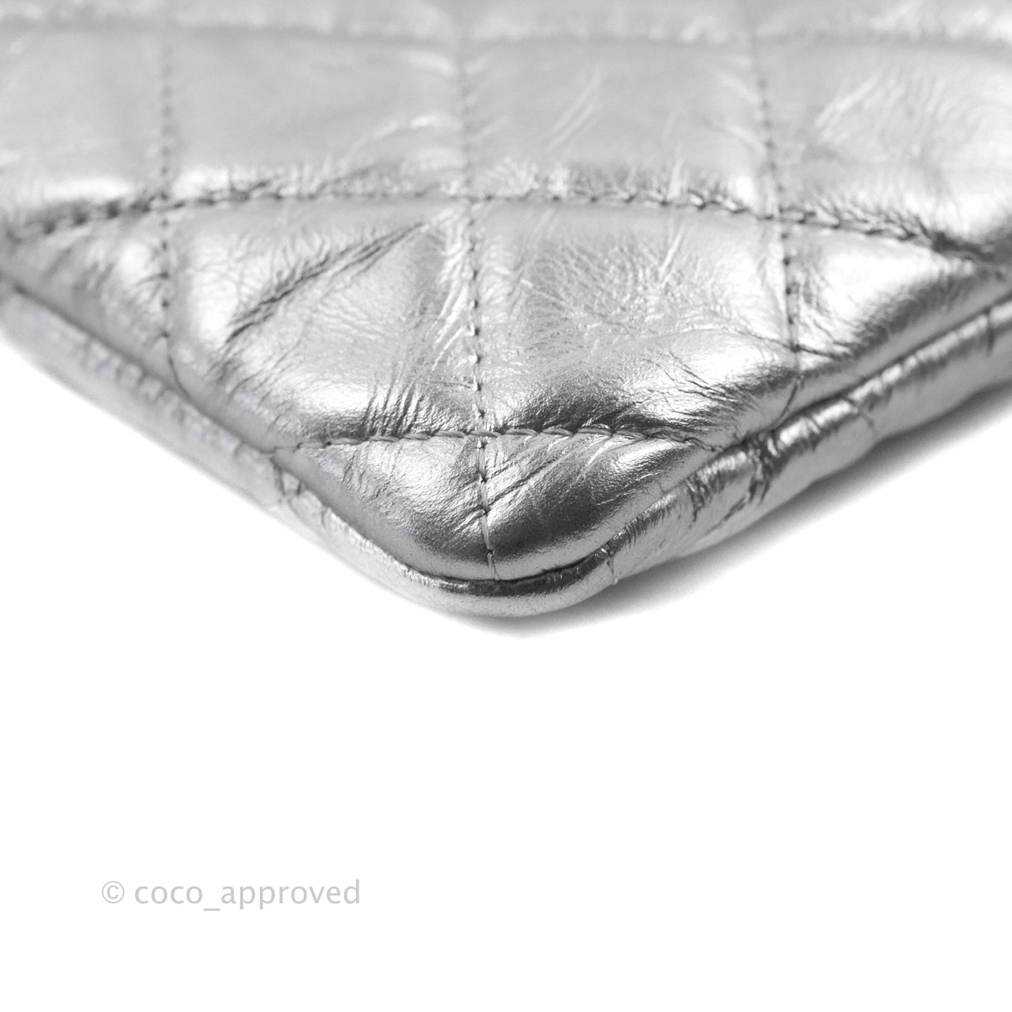 Chanel Quilted Large O Case Metallic Silver With Charms